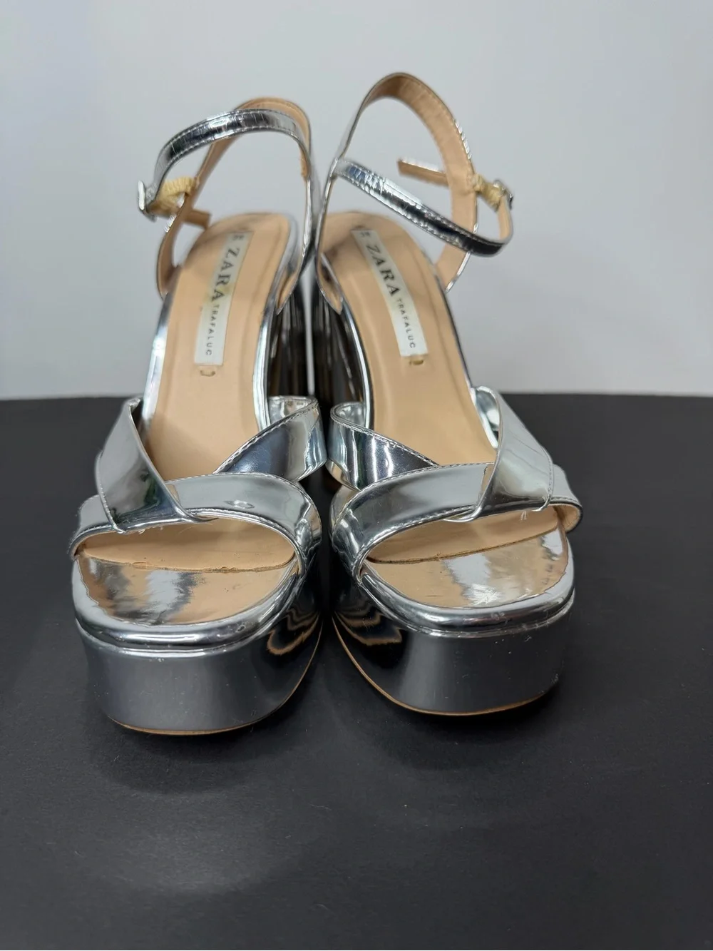 Zara Metallic Silver Platform Block Heels
